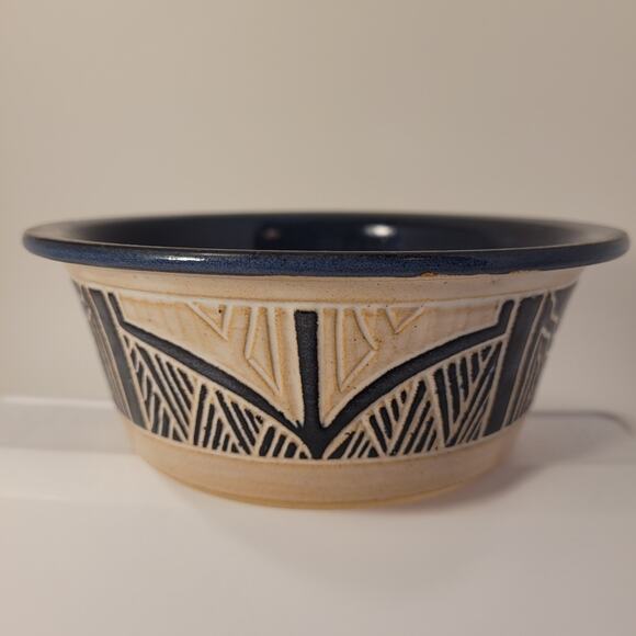 Krause Vintage Pottery Bowl Clay Geometric 1987 Handmade Blue Interior - Picture 3 of 8